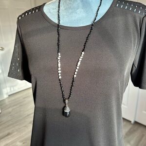 NWOT Black White Beaded Long Necklace Rhinestone Pendant